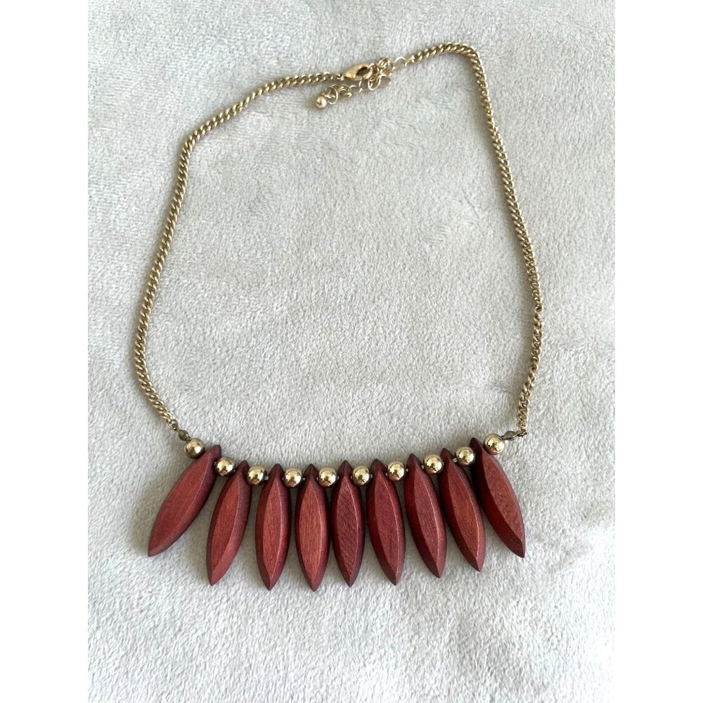 Wood & Gold Tone Beaded Bohemian Style Necklace Adj. Lobster Clasp Chain BOHO